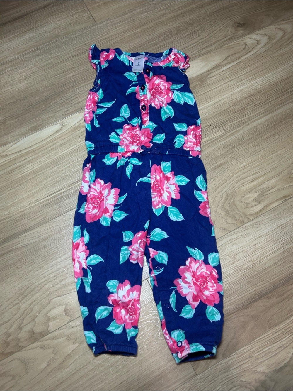 Carter's Navy Floral Sleeveless Romper with Pink Roses and Teal Leaves